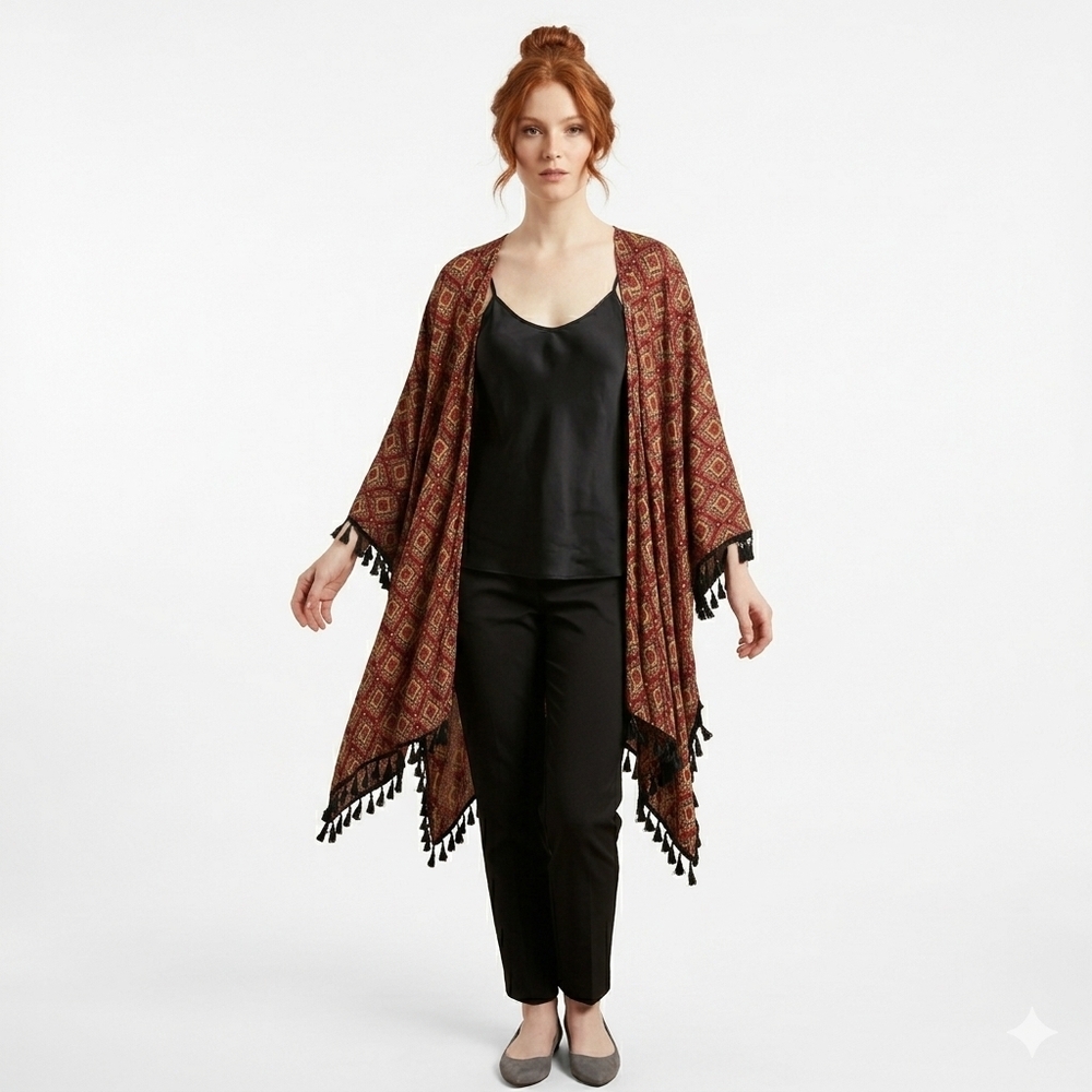 Glamour Rust Pattern Tassel Trim Open Kimono